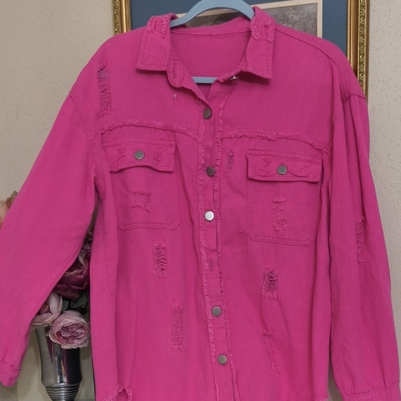 unbranded Tops - Pink Distressed Button-Up Shirt jacket Shacket Distressed Glam Pretty Y2k